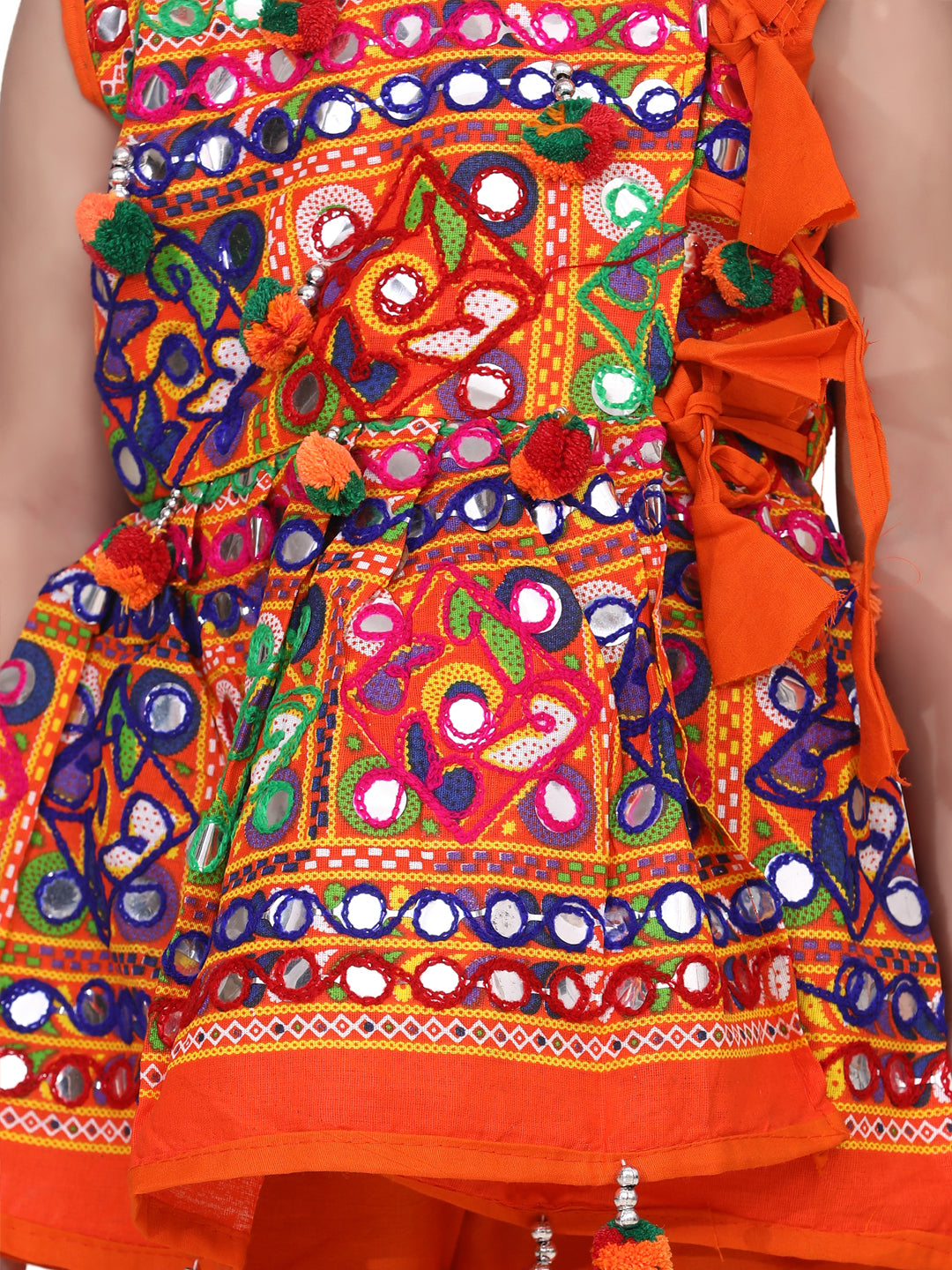 BownBee Sibling Embroidered kediya with Dhoti and Cap for Boys and Mirror Work Chaniya Choli with Dupatta-Orange