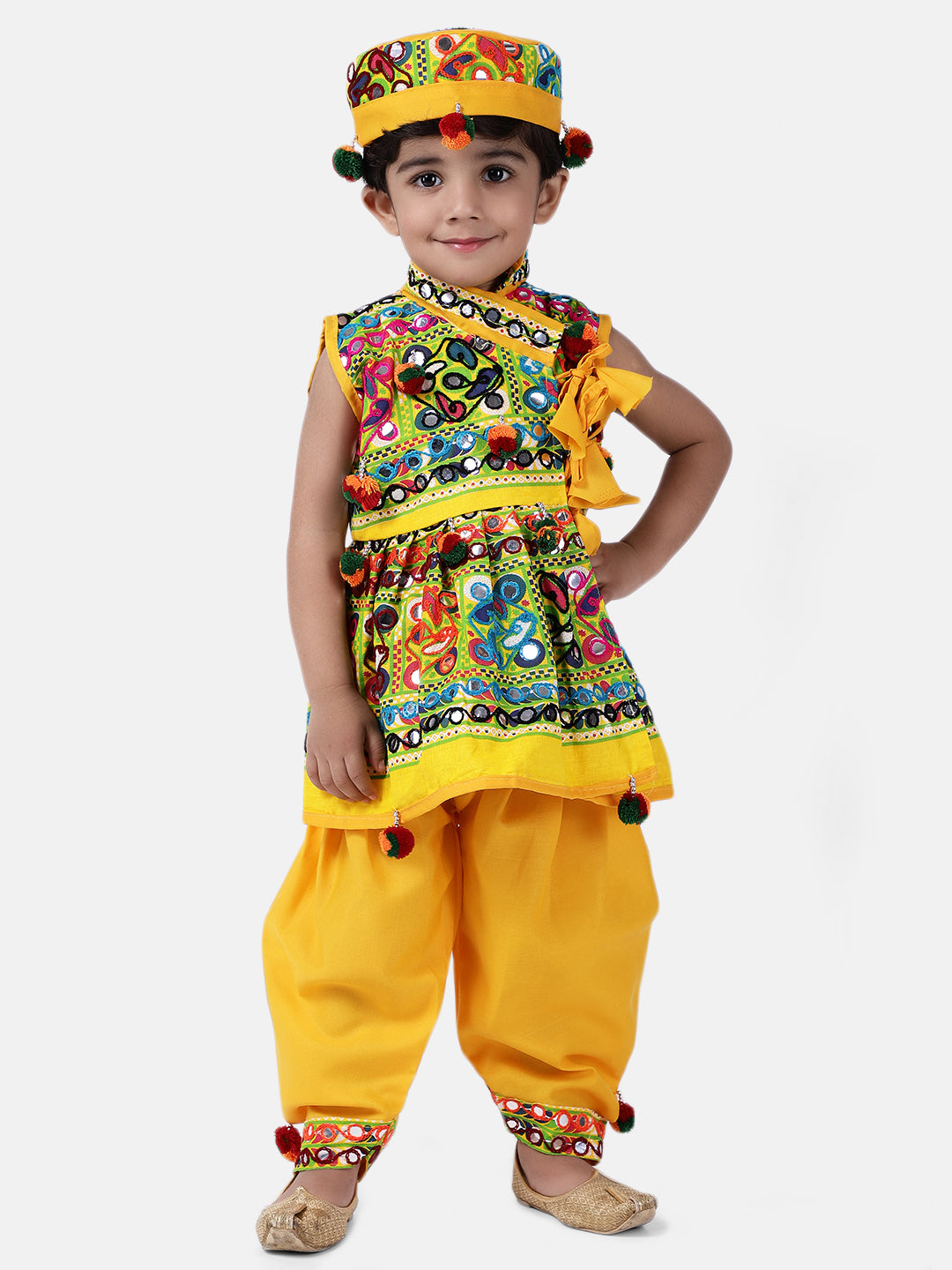 BownBee Sibling Embroidered kediya with Dhoti and Cap for Boys and Leheria Print Cotton Lehnga Choli with Dupatta- Yellow