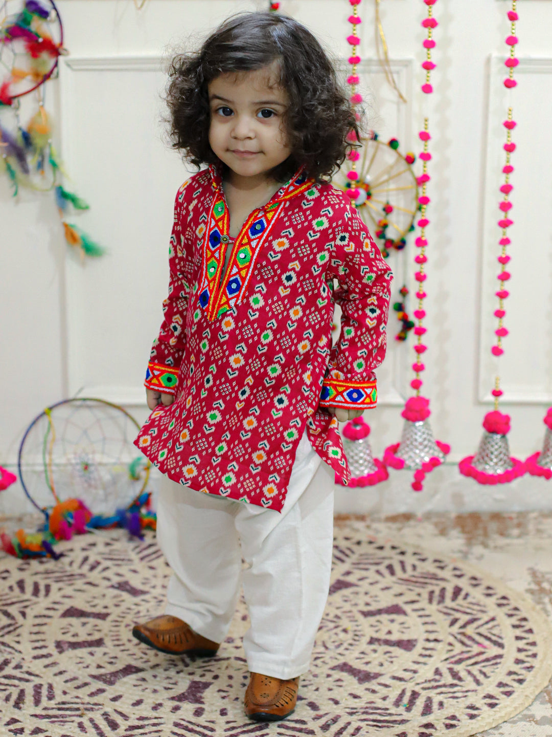 BownBee  Embroidered Printed Cotton Kurta with Cotton Pajama- Pink