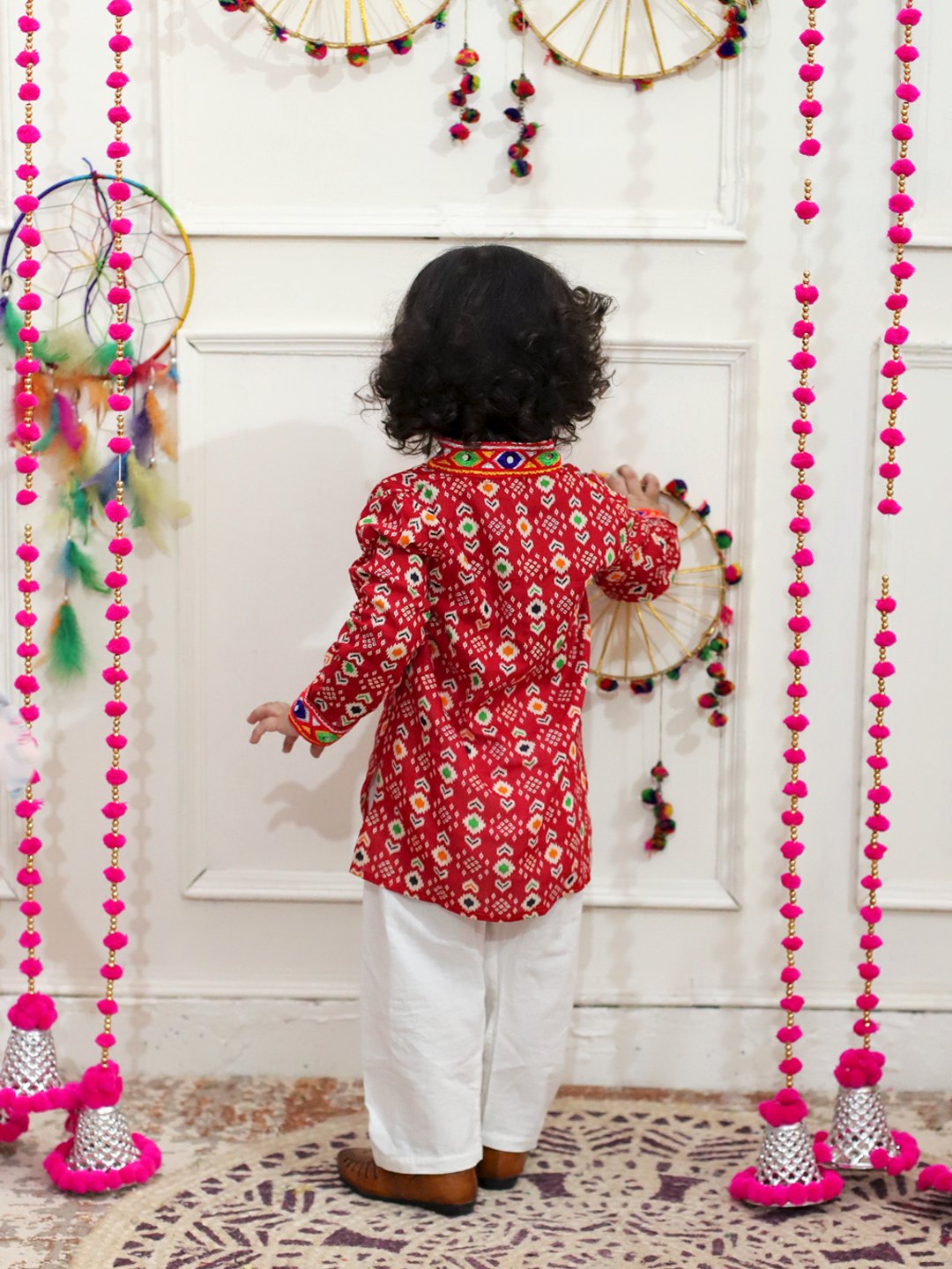 BownBee Embroidered Printed Cotton Kurta with Cotton Pajama- Red with  Embroidered Printed Cotton Top with Cotton Dhoti- Red