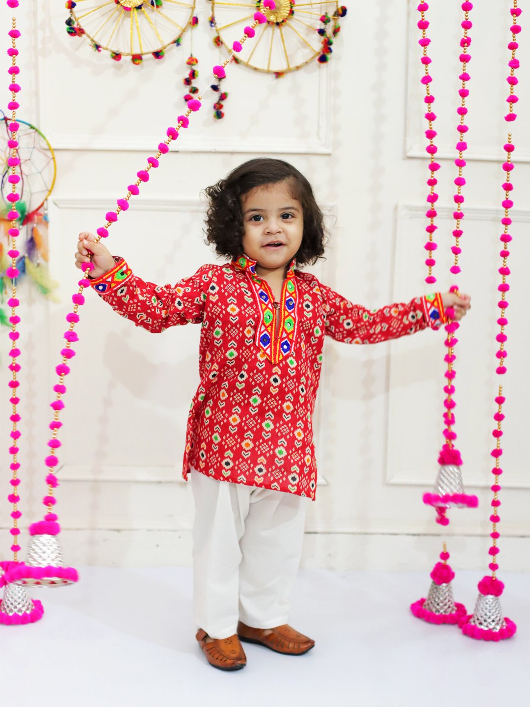 BownBee  Embroidered Printed Cotton Kurta with Cotton Pajama- Red