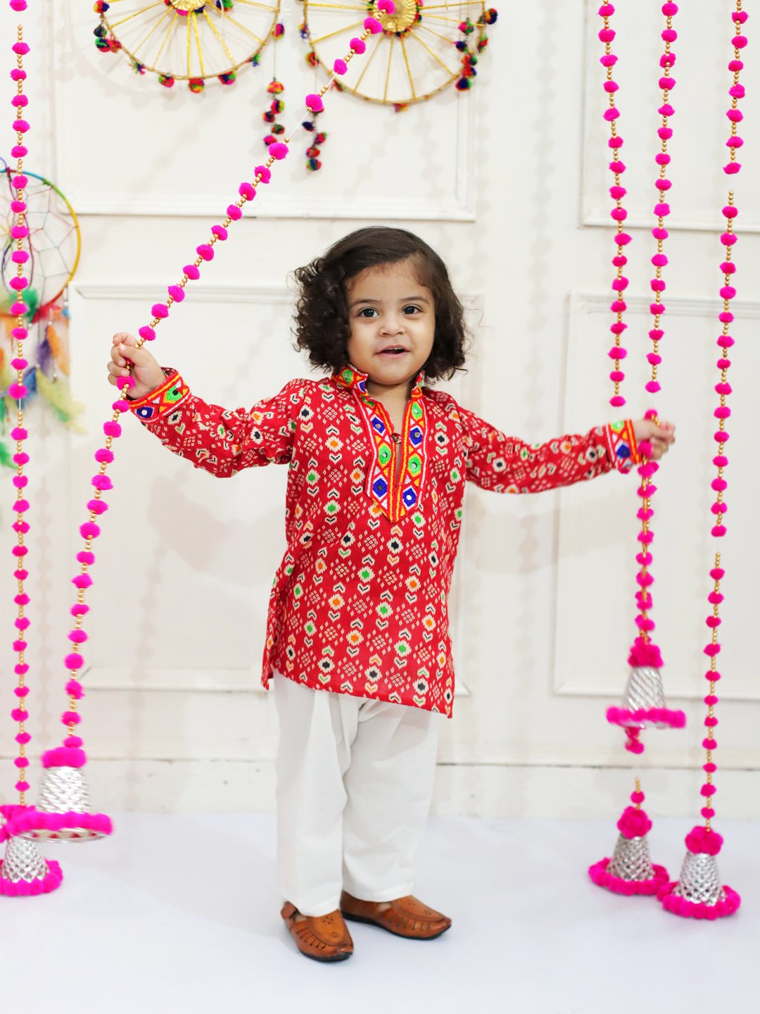 BownBee Embroidered Printed Cotton Kurta with Cotton Pajama- Red with  Embroidered Printed Cotton Top with Cotton Dhoti- Red