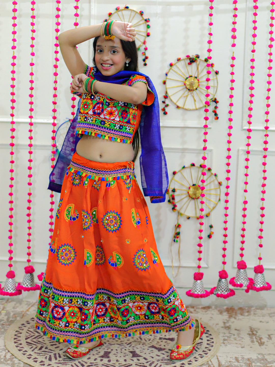 BownBee Peacock embroidery Navratri Chaniya Choli with Dupatta- Orange