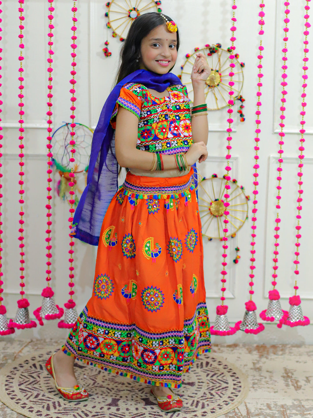BownBee Peacock embroidery Navratri Chaniya Choli with Dupatta- Orange