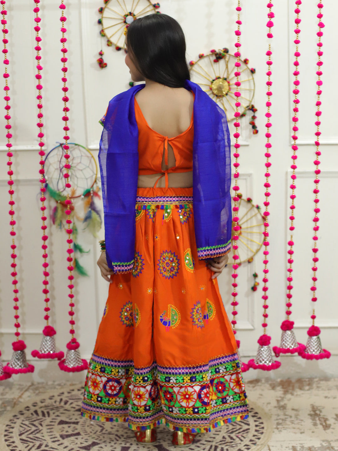 BownBee Peacock embroidery Navratri Chaniya Choli with Dupatta- Orange