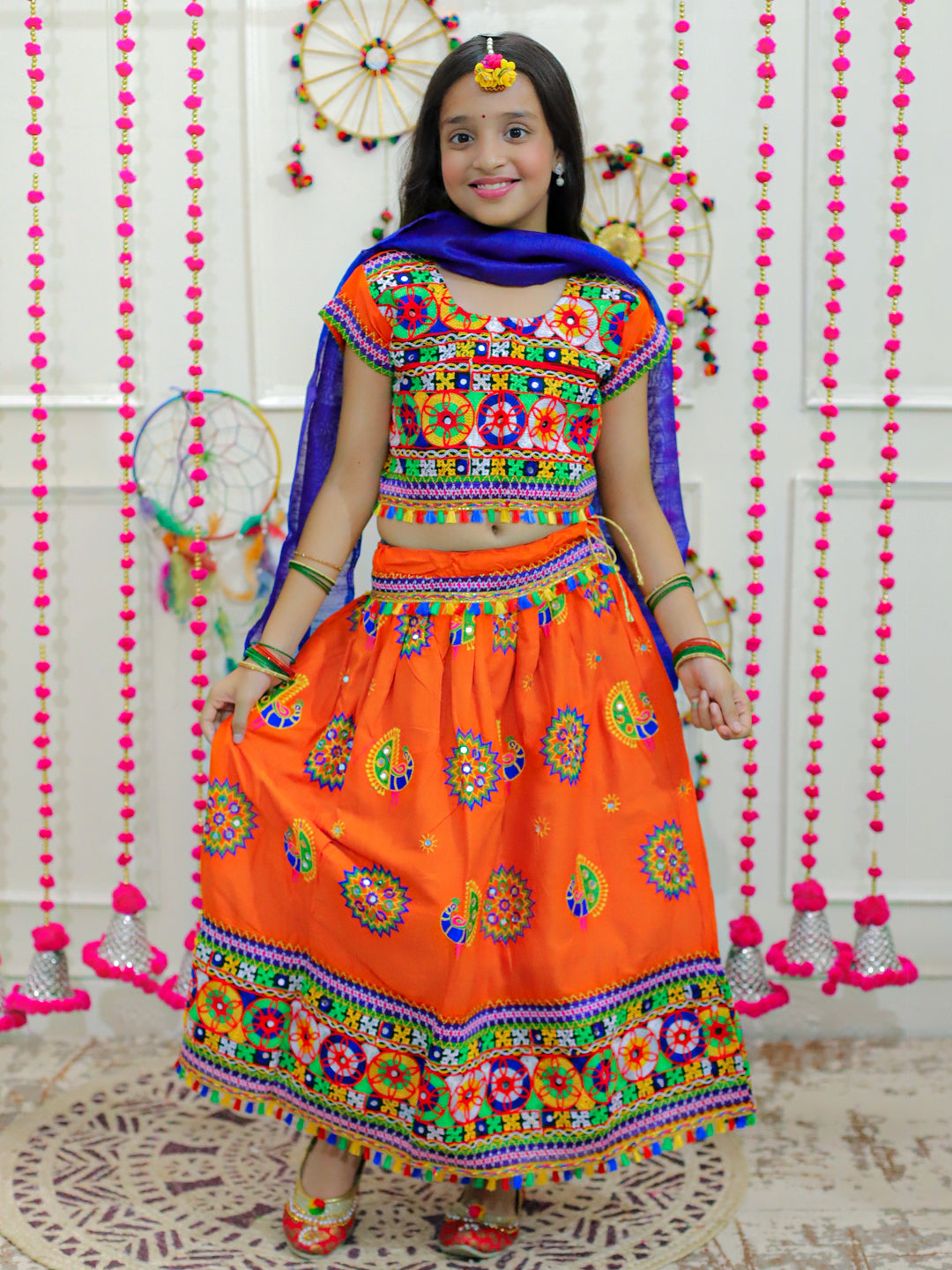 BownBee Peacock embroidery Navratri Chaniya Choli with Dupatta- Orange