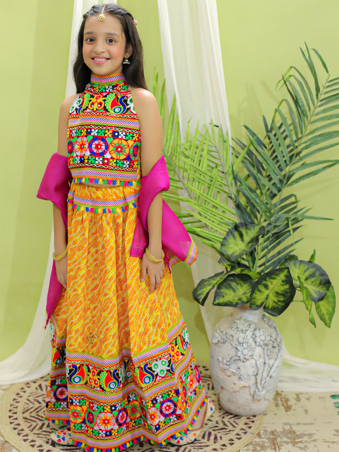 BownBee Kids Girls Navratri Dandiya  Garba Pure Cotton Embroidered Chaniya Choli Dupatta set - Yellow