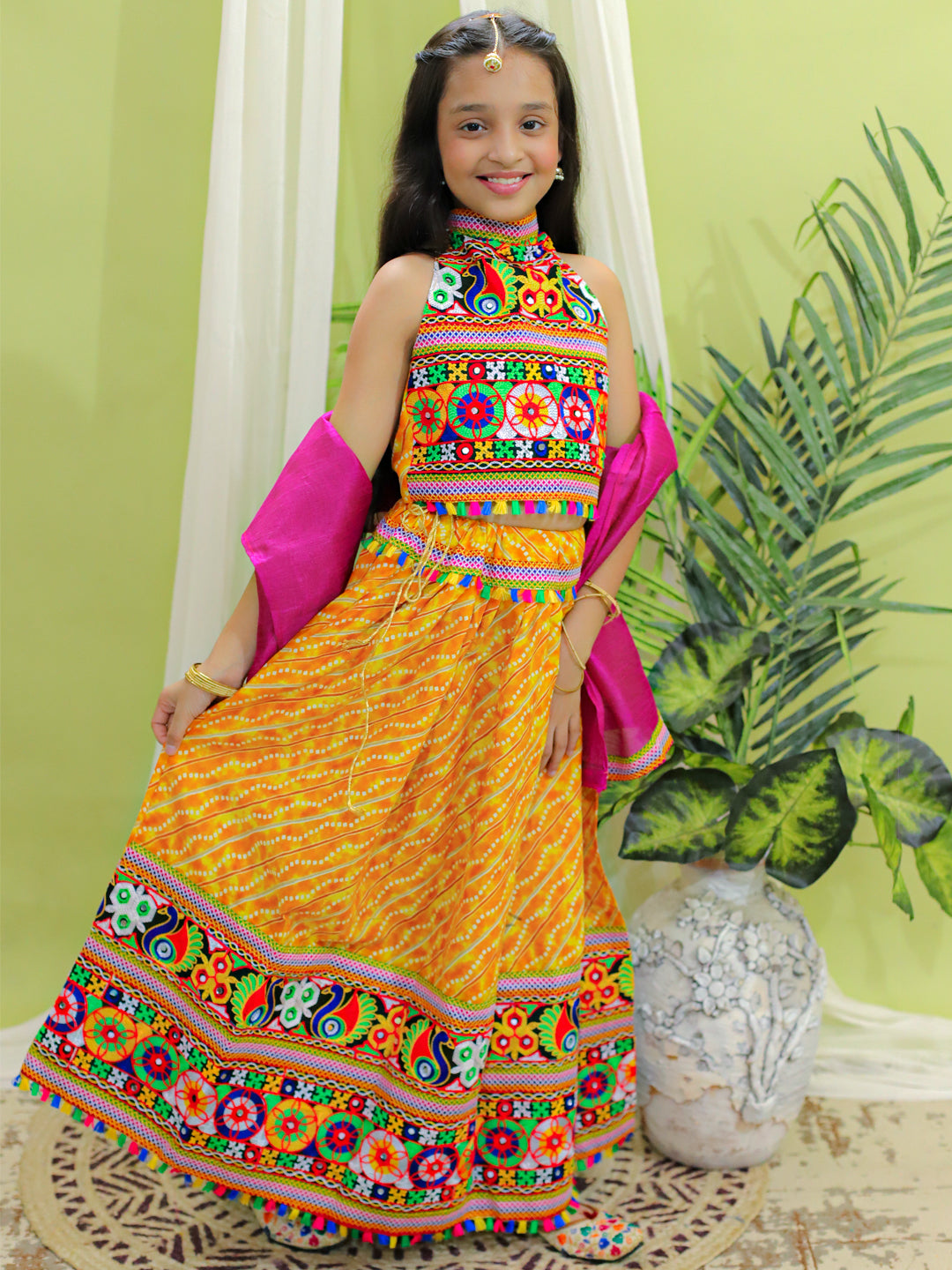 BownBee Kids Girls Navratri Dandiya  Garba Pure Cotton Embroidered Chaniya Choli Dupatta set - Yellow