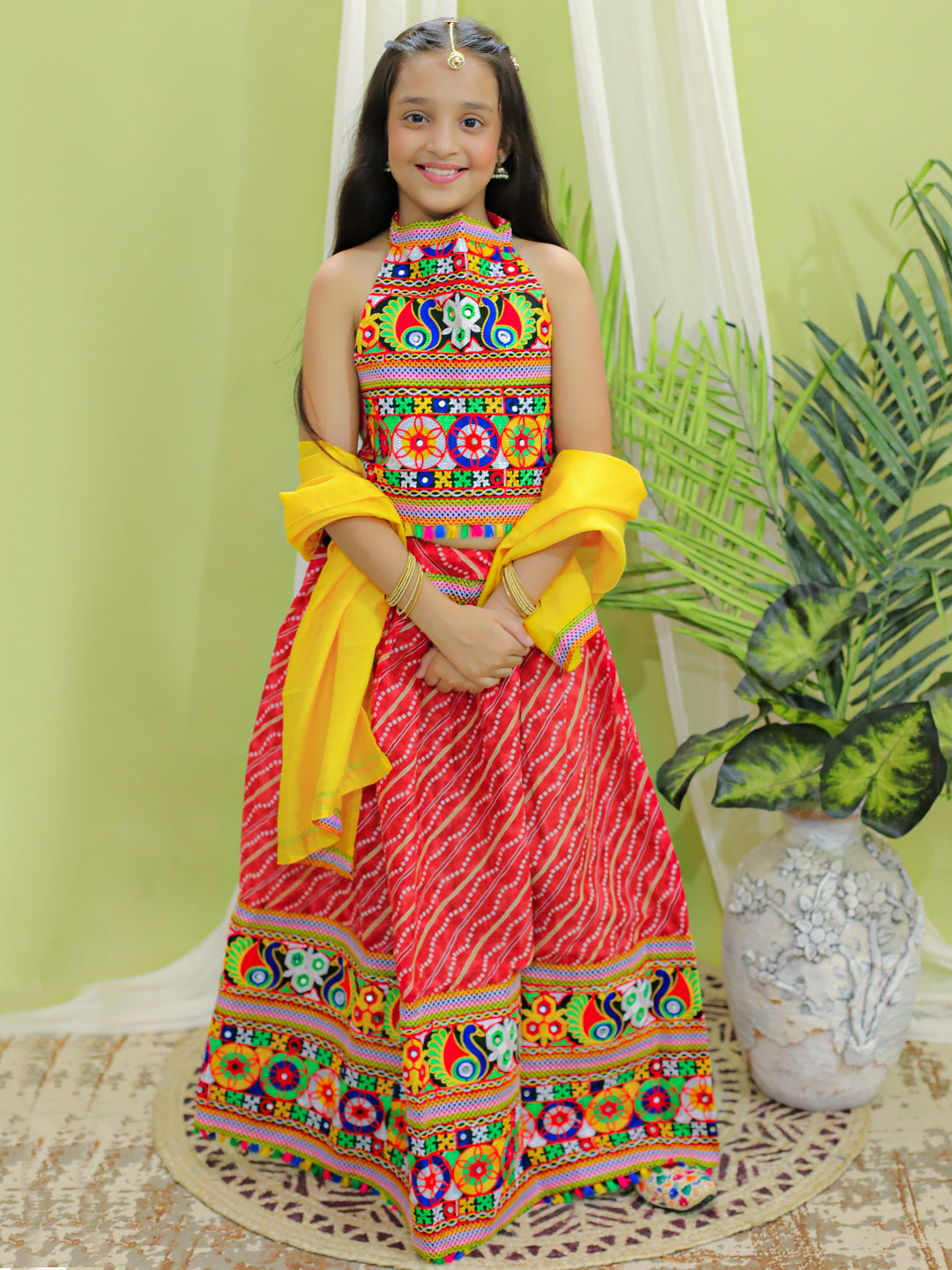 BownBee Kids Girls Navratri Dandiya  Garba Pure Cotton Embroidered Chaniya Choli Dupatta set - Red