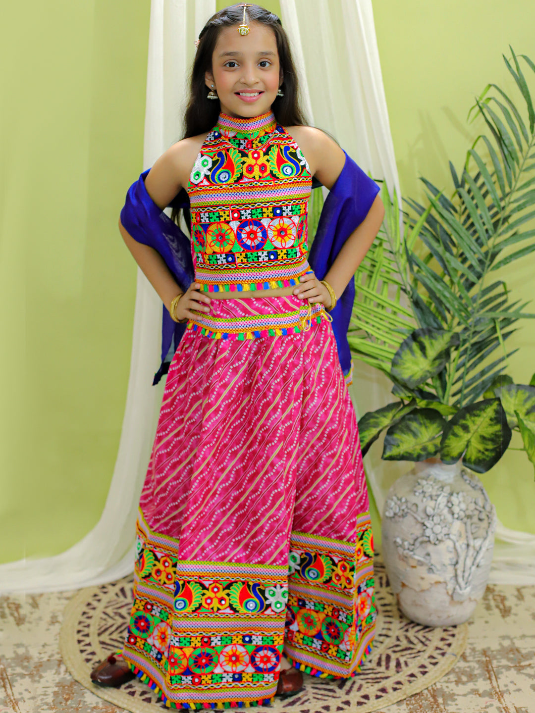 BownBee Kids Girls Navratri Dandiya  Garba Pure Cotton Embroidered Chaniya Choli Dupatta set - Pink