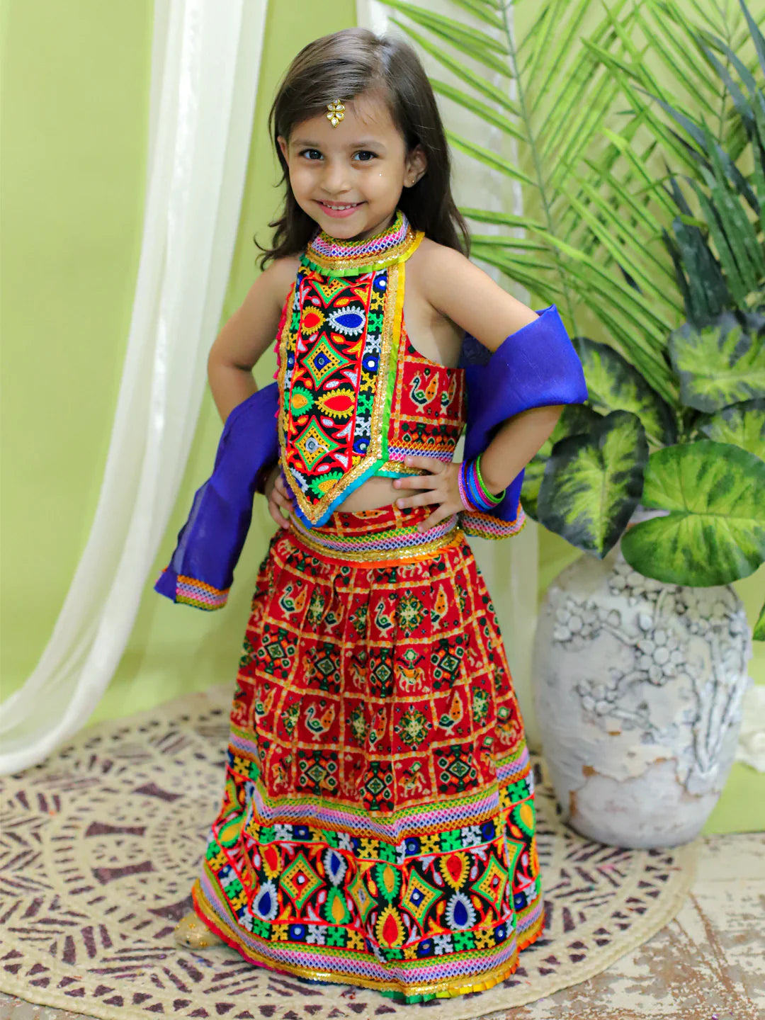 BownBee Kids Girls Navratri Dandiya  Garba Cotton EmbroidePink Halter Neck Chaniya Choli Dupatta