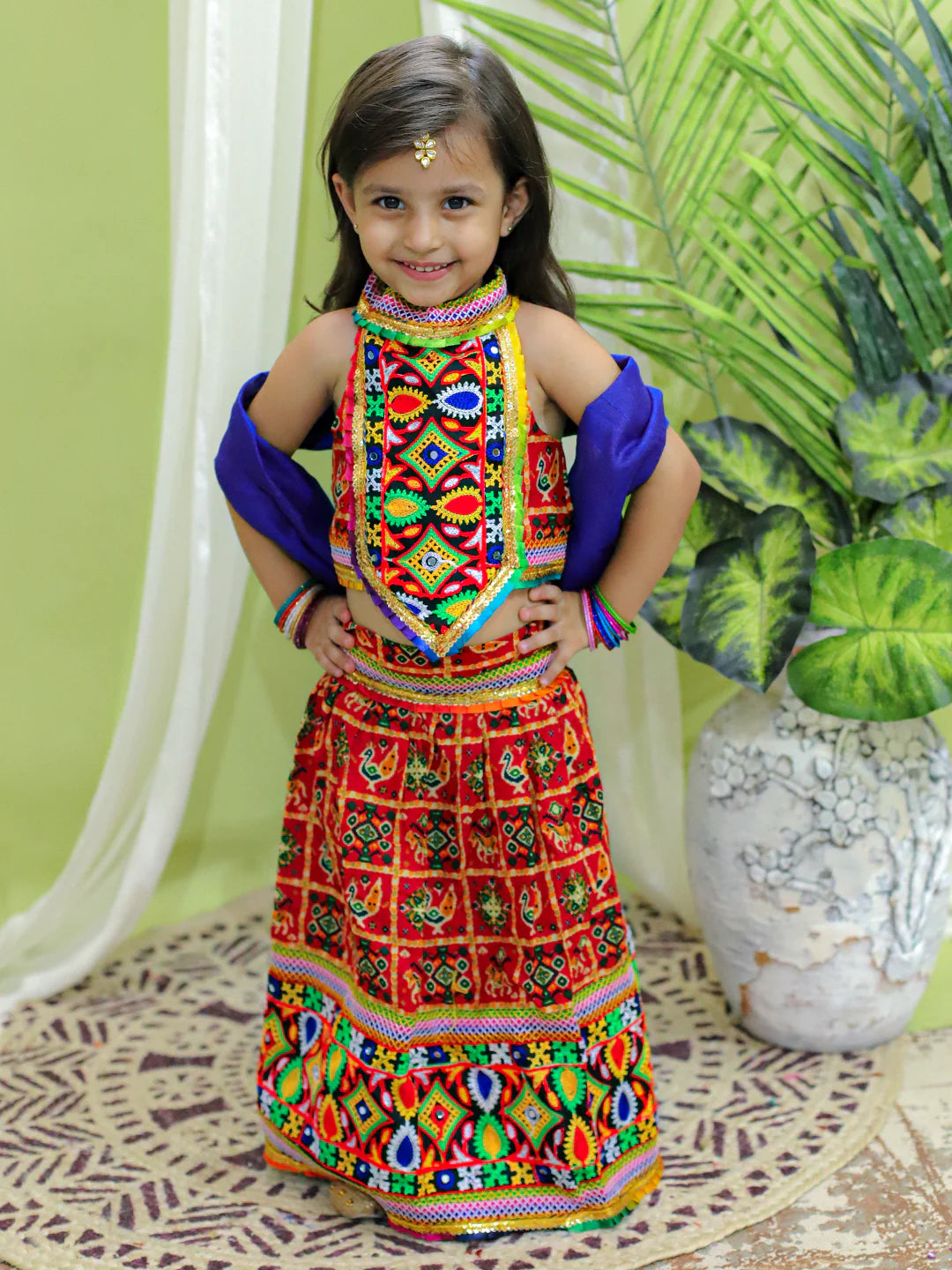 BownBee Kids Girls Navratri Dandiya  Garba Cotton EmbroidePink Halter Neck Chaniya Choli Dupatta
