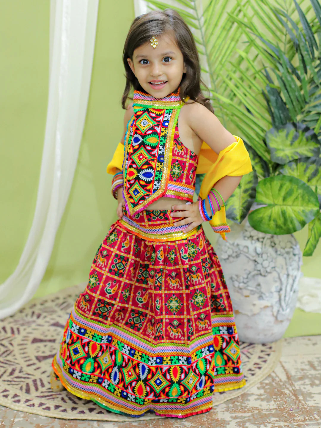 BownBee Kids Girls Navratri Dandiya  Garba Cotton Embroidered Halter Neck Chaniya Choli Dupatta