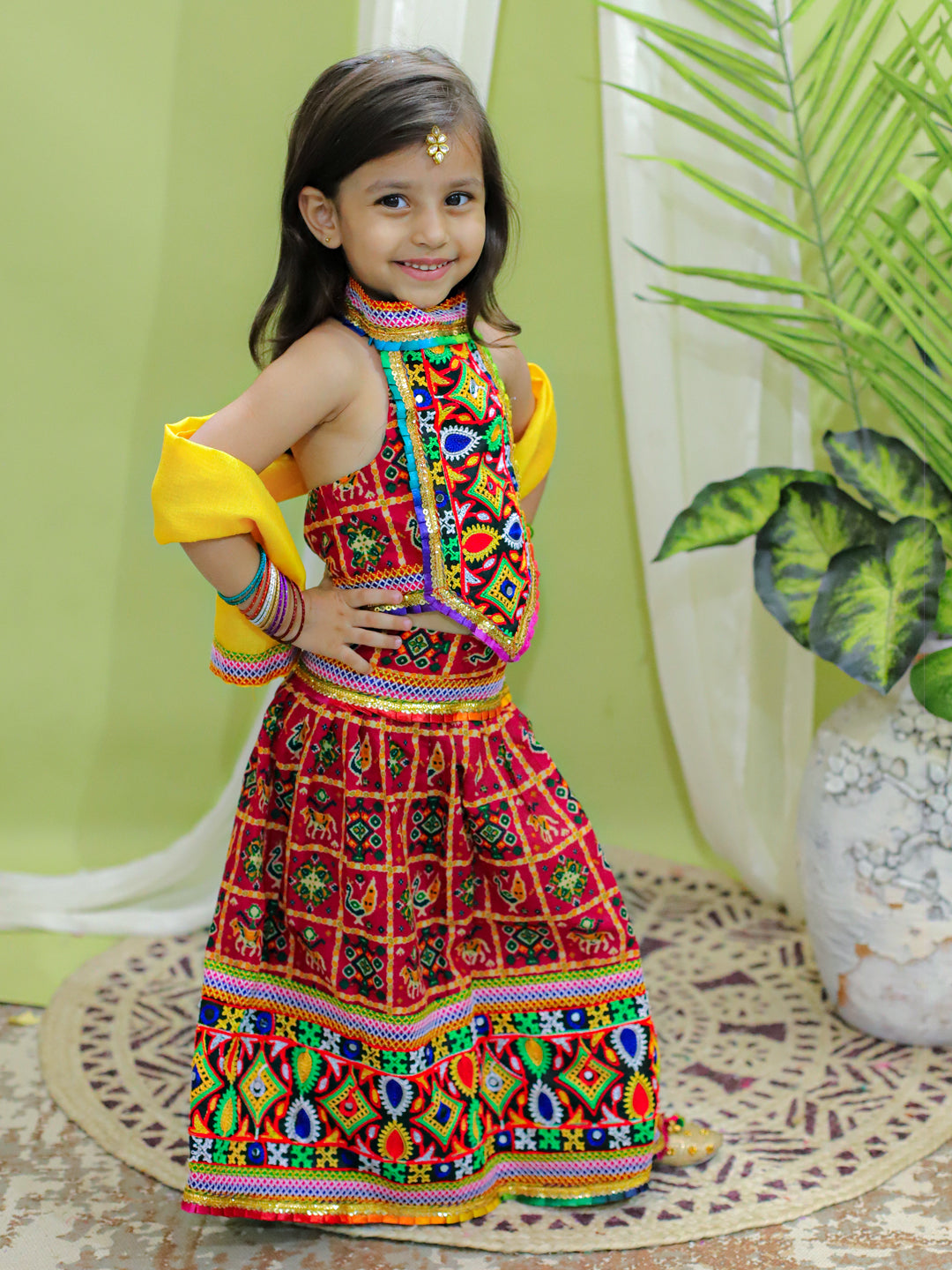 BownBee Kids Girls Navratri Dandiya  Garba Cotton Embroidered Halter Neck Chaniya Choli Dupatta - Red