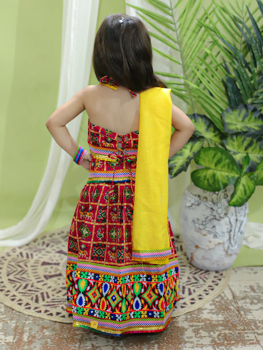 BownBee Kids Girls Navratri Dandiya  Garba Cotton Embroidered Halter Neck Chaniya Choli Dupatta