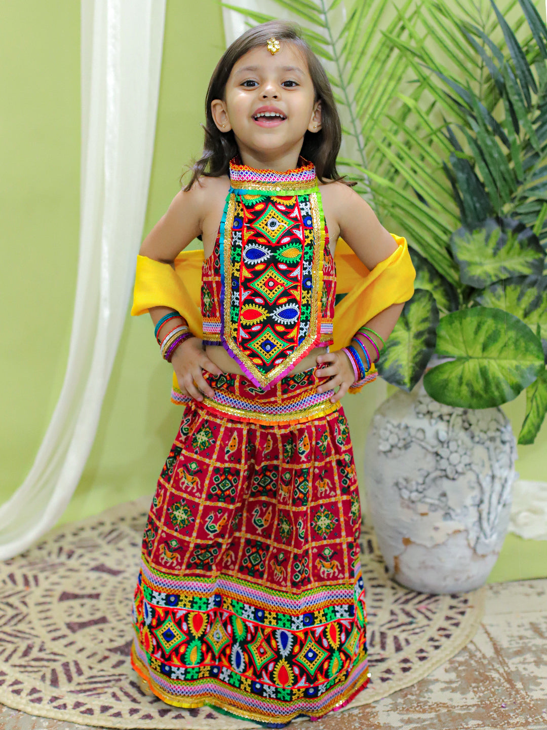 BownBee Kids Girls Navratri Dandiya  Garba Cotton Embroidered Halter Neck Chaniya Choli Dupatta - Red