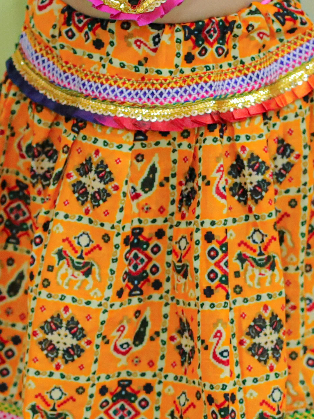 BownBee Kids Girls Navratri Dandiya Garba Cotton Embroide Yellow Halter Neck Chaniya Choli Dupatta