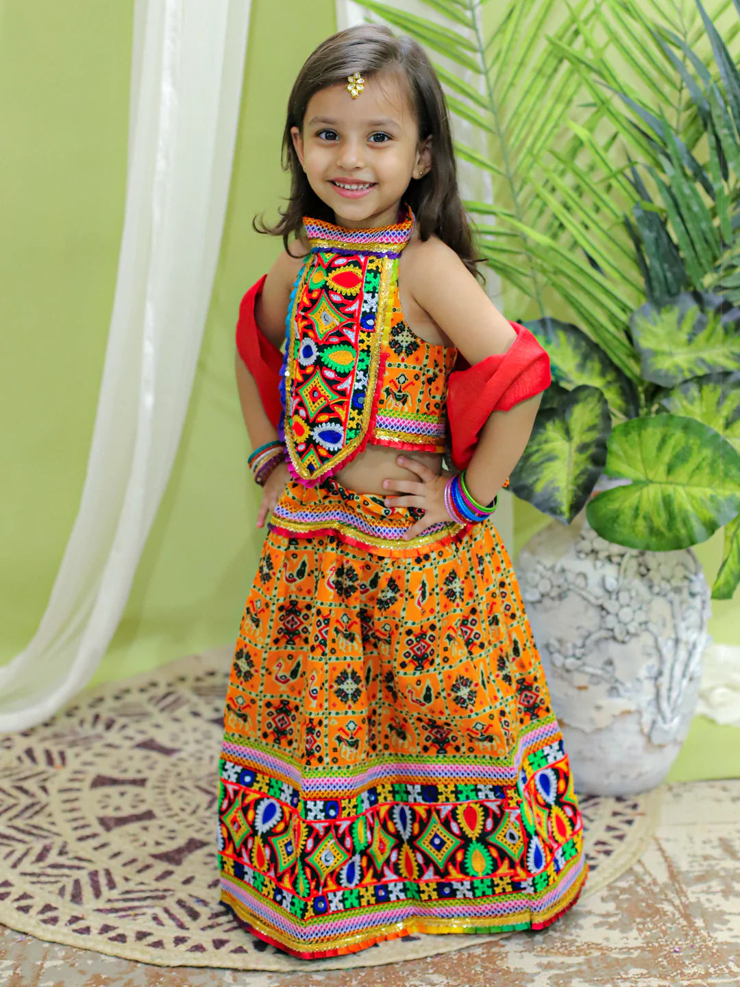 BownBee Kids Girls Navratri Dandiya Garba Cotton Embroide Yellow Halter Neck Chaniya Choli Dupatta