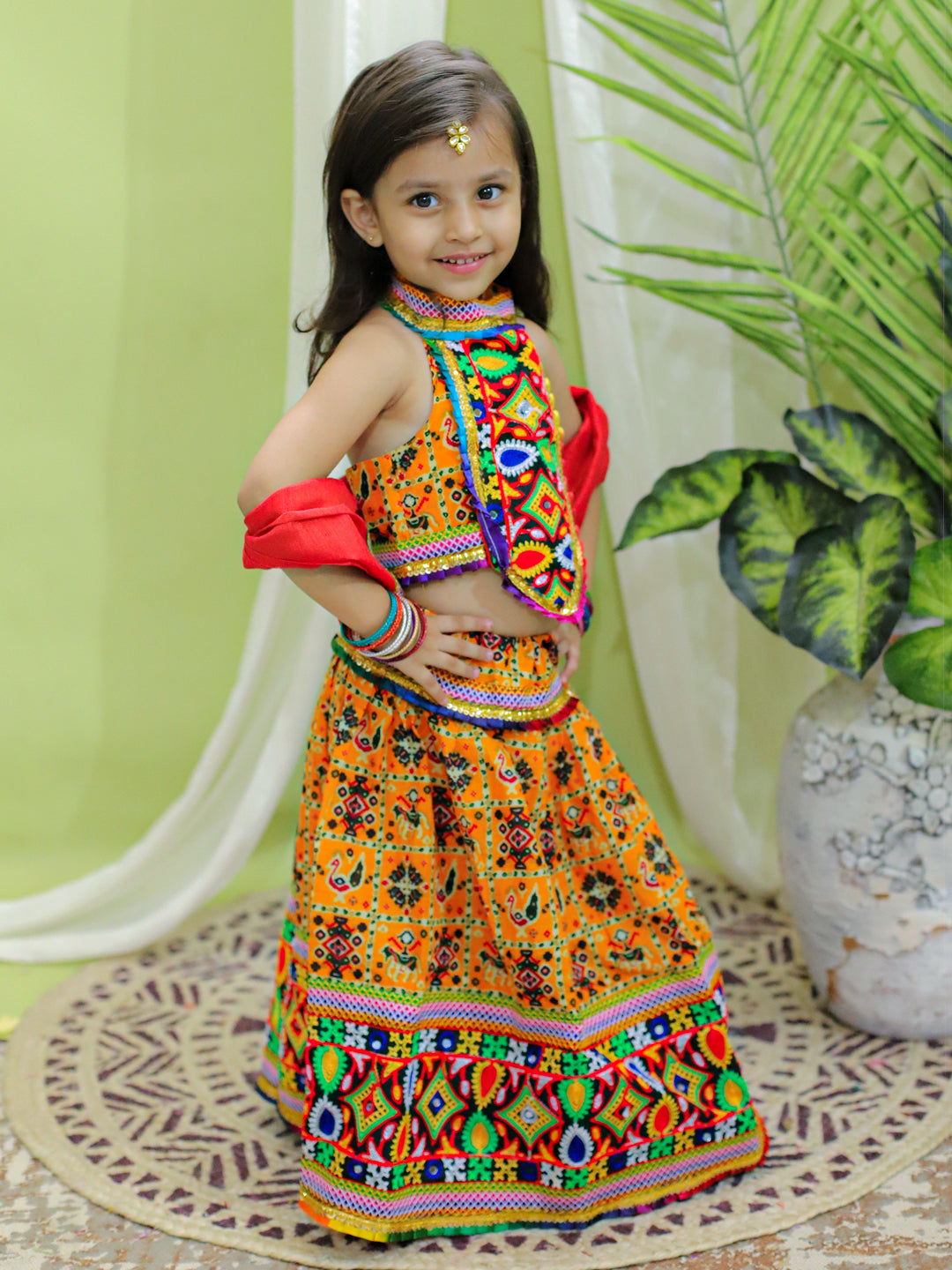 BownBee Kids Girls Navratri Dandiya Garba Cotton Embroide Yellow Halter Neck Chaniya Choli Dupatta - Yellow