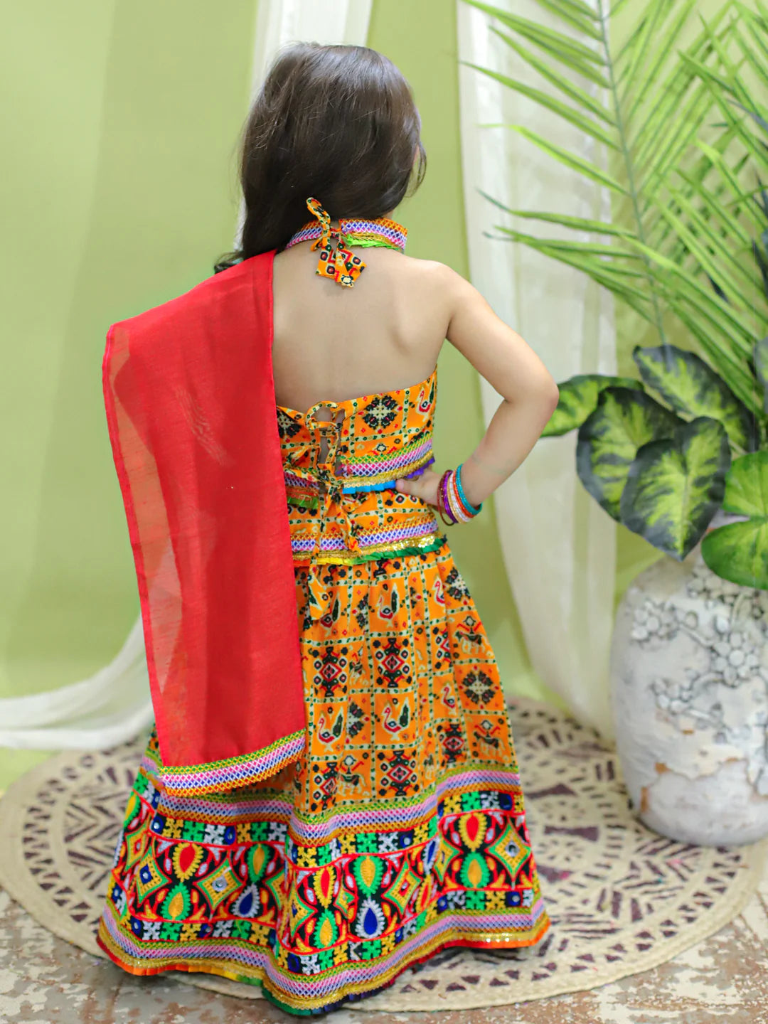 BownBee Kids Girls Navratri Dandiya Garba Cotton Embroide Yellow Halter Neck Chaniya Choli Dupatta