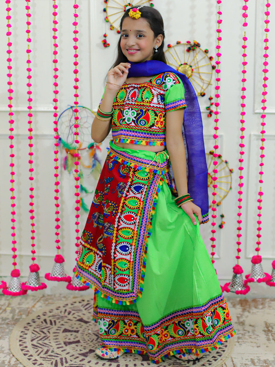 BownBee Double Panel Cotton Chaniya Choli with Dupatta- Green