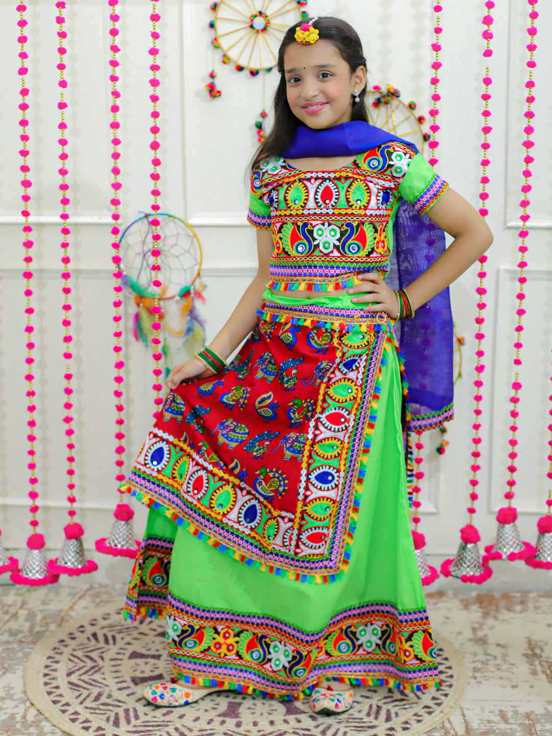 BownBee Double Panel Cotton Chaniya Choli with Dupatta- Green