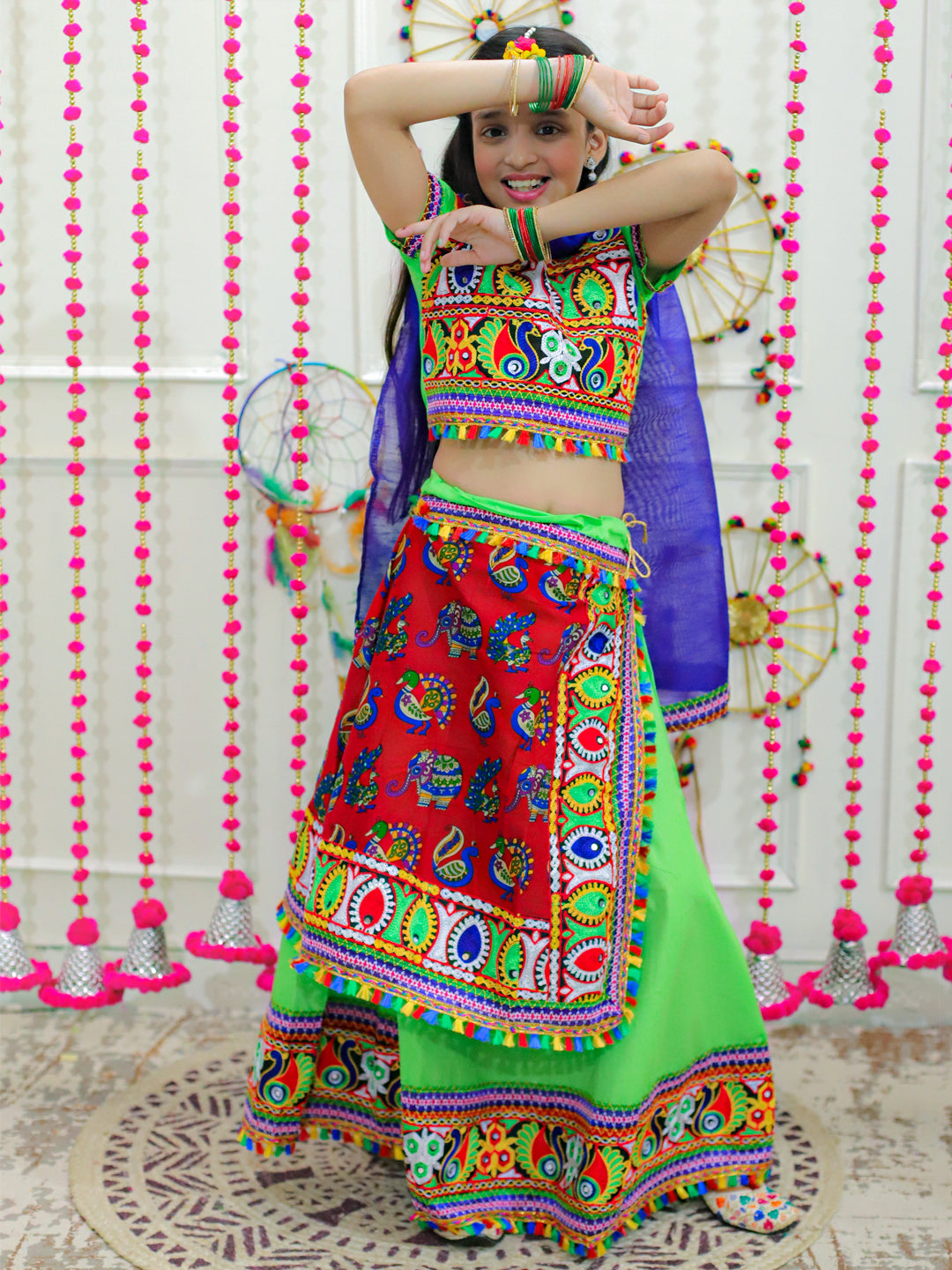 BownBee Double Panel Cotton Chaniya Choli with Dupatta- Green