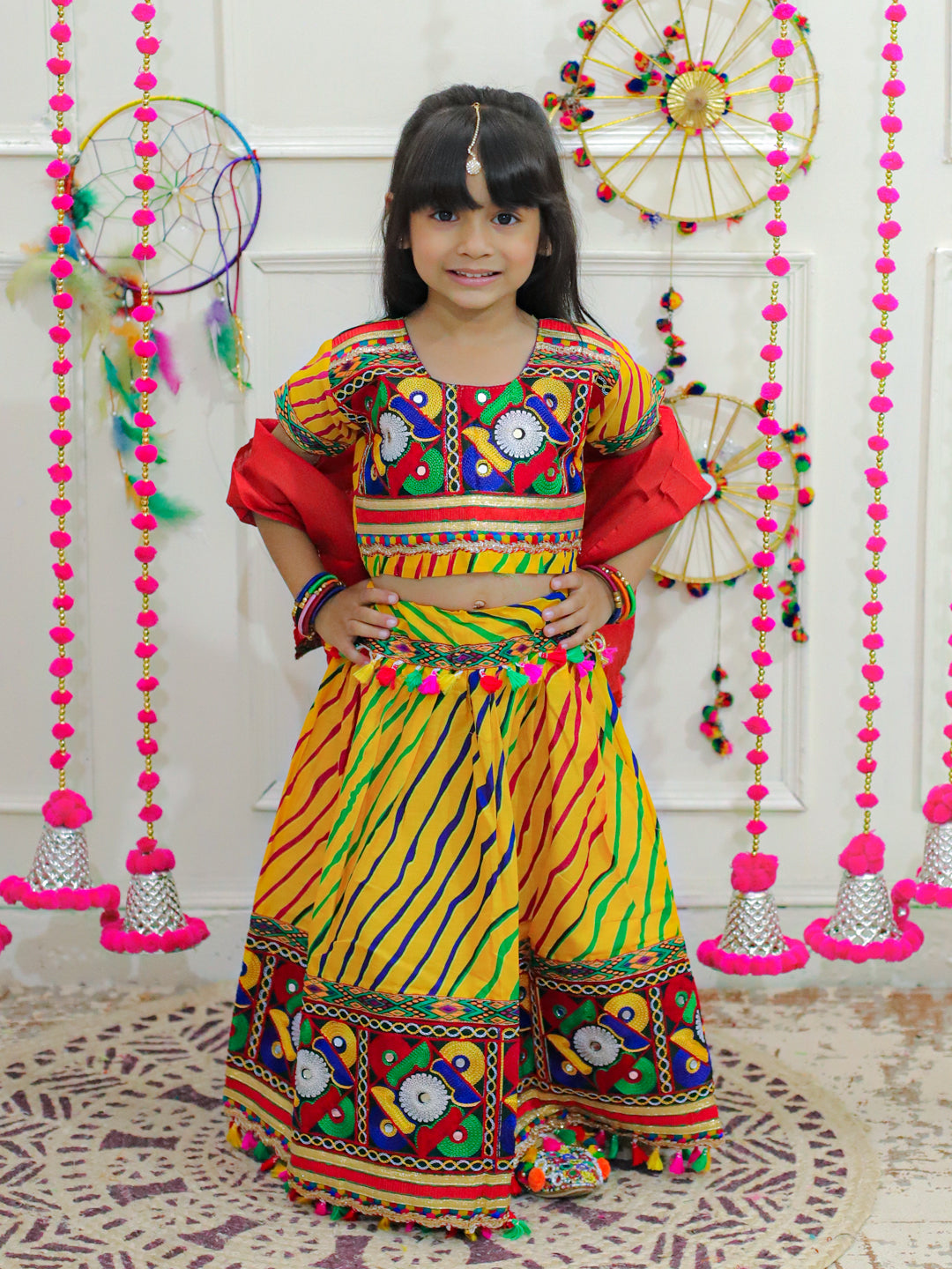 BownBee Sibling Embroidered kediya with Dhoti and Cap for Boys and Leheria Print Cotton Lehnga Choli with Dupatta- Yellow