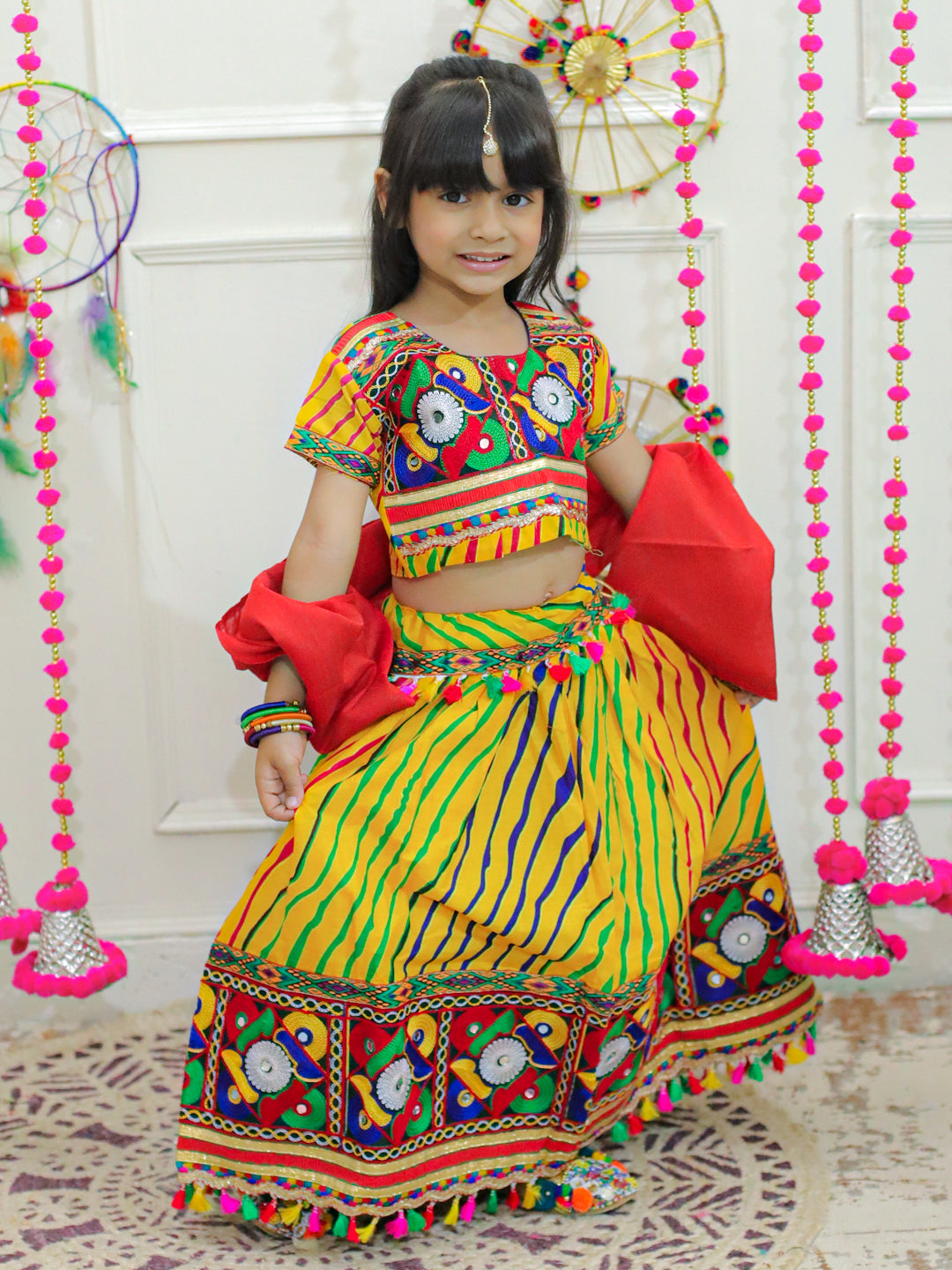 BownBee Sibling Embroidered kediya with Dhoti and Cap for Boys and Leheria Print Cotton Lehnga Choli with Dupatta- Yellow