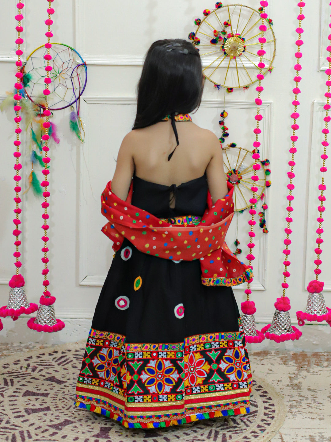 BownBee Sibling Embroidered kediya with Dhoti and Cap for Boys and Mirror Work Chaniya Choli with Dupatta - Black
