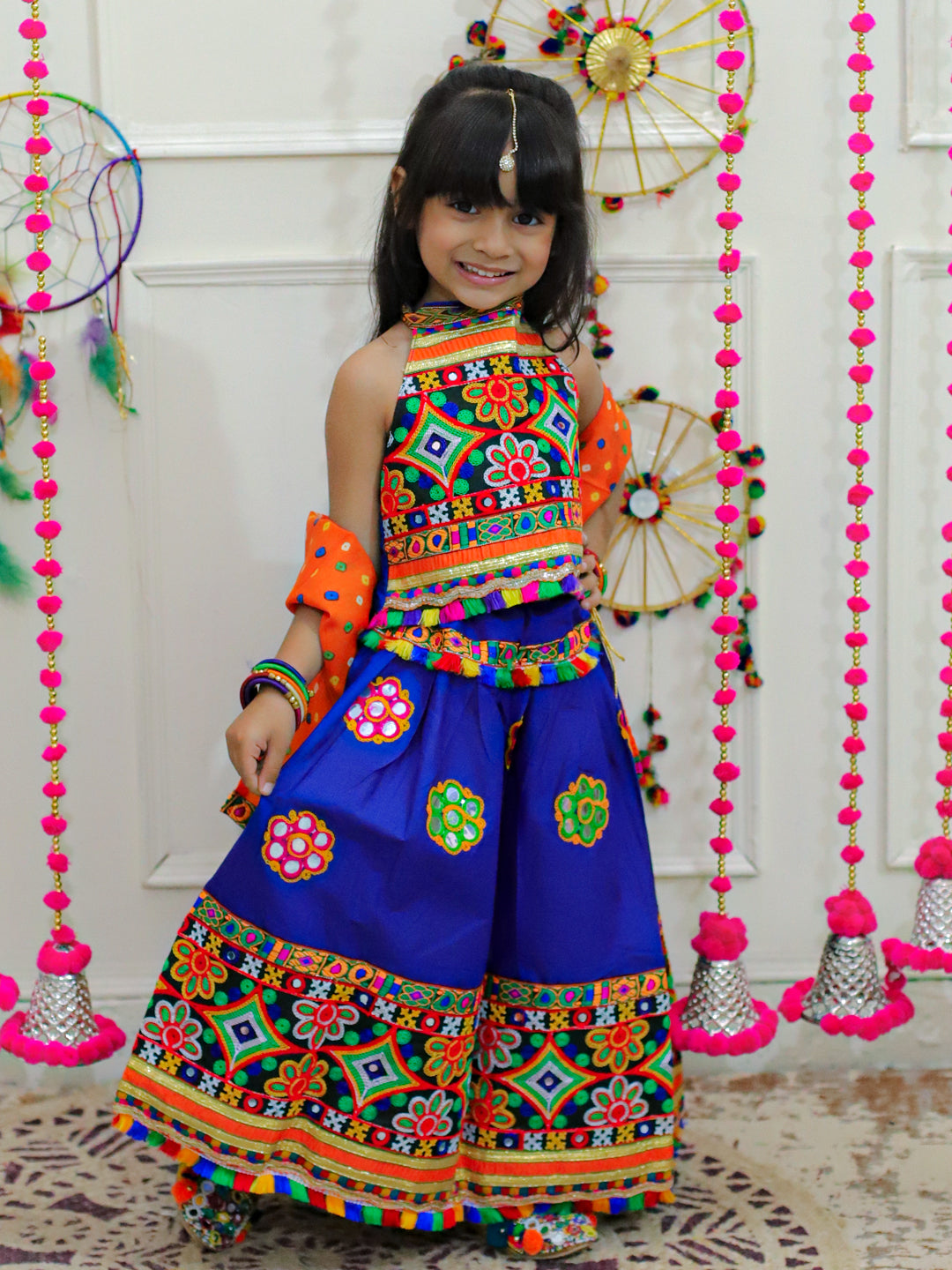 BownBee Sibling Embroidered kediya with Dhoti and Cap for Boys and Blue Mirror Work Chaniya Choli with Dupatta - Blue