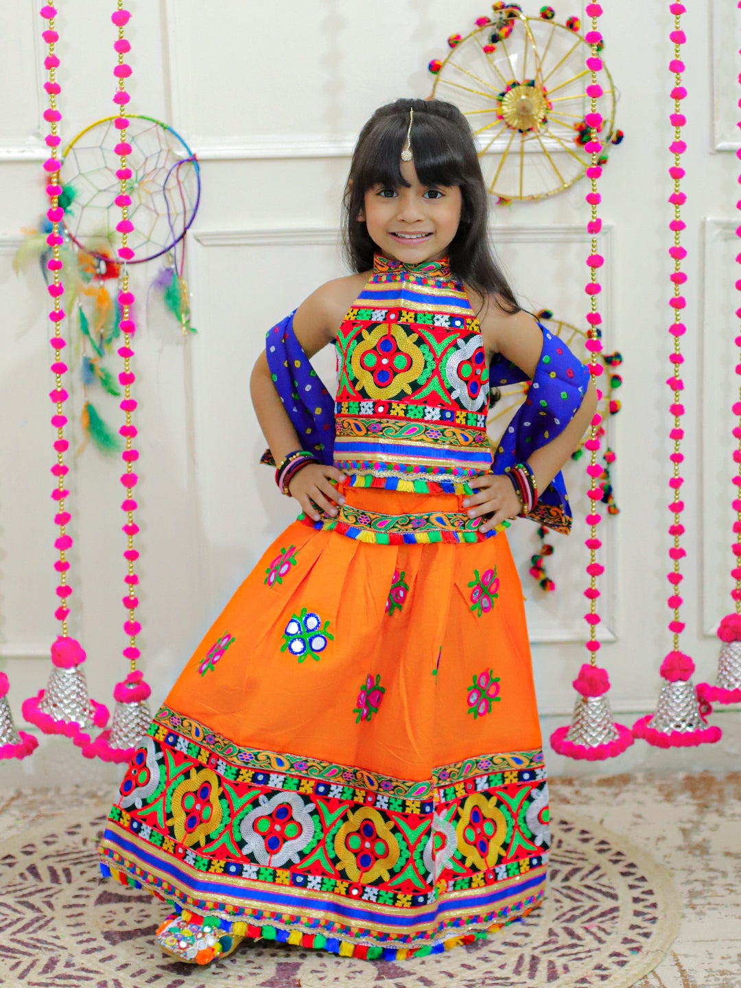 BownBee Sibling Embroidered kediya with Dhoti and Cap for Boys and Mirror Work Chaniya Choli with Dupatta-Orange