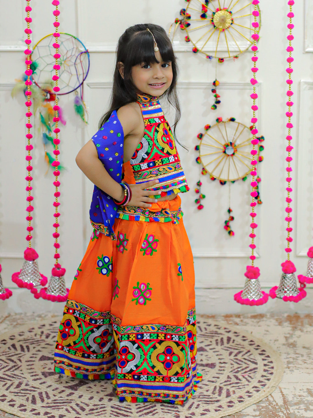 BownBee Sibling Embroidered kediya with Dhoti and Cap for Boys and Mirror Work Chaniya Choli with Dupatta-Orange