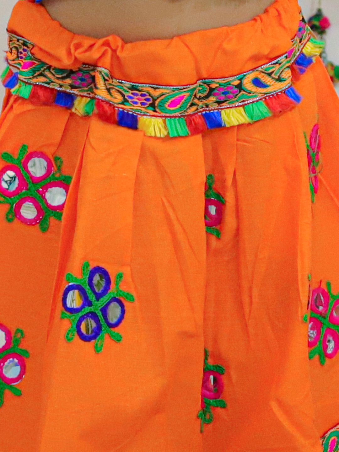 BownBee Sibling Embroidered kediya with Dhoti and Cap for Boys and Mirror Work Chaniya Choli with Dupatta-Orange