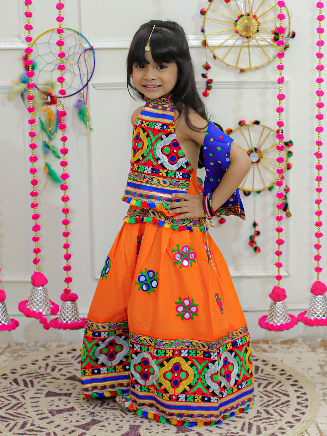 BownBee Sibling Embroidered kediya with Dhoti and Cap for Boys and Mirror Work Chaniya Choli with Dupatta-Orange