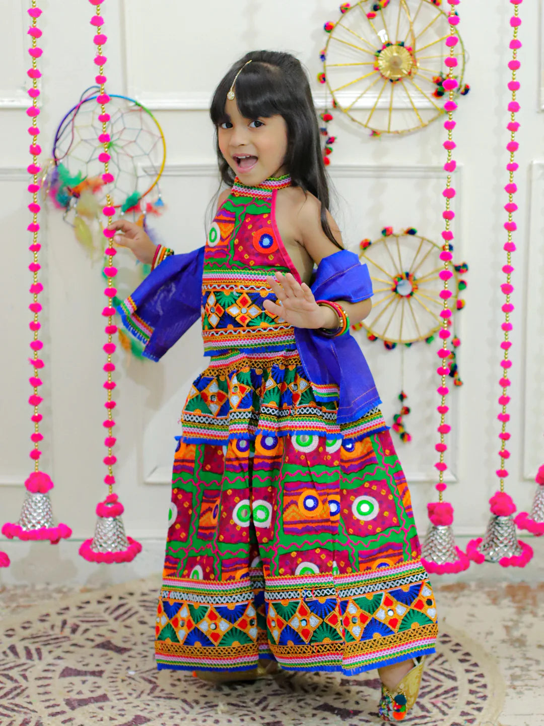 BownBee Halter Neck Print With Embroidery Chaniya Choli with Dupatta