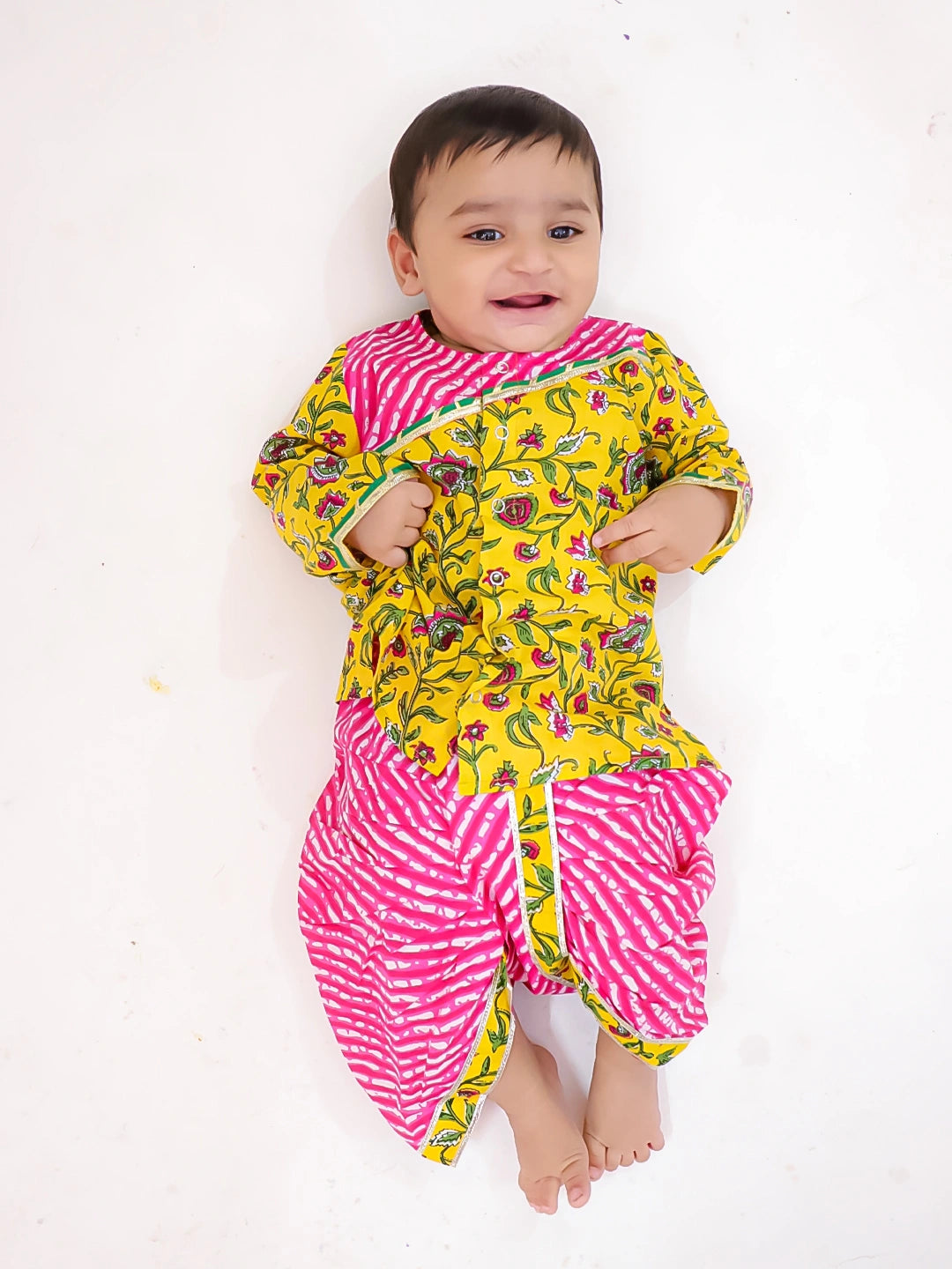 BownBee Pure Cotton Printed Lehenga Choli & Kurta Dhoti Sibling Set For Infants