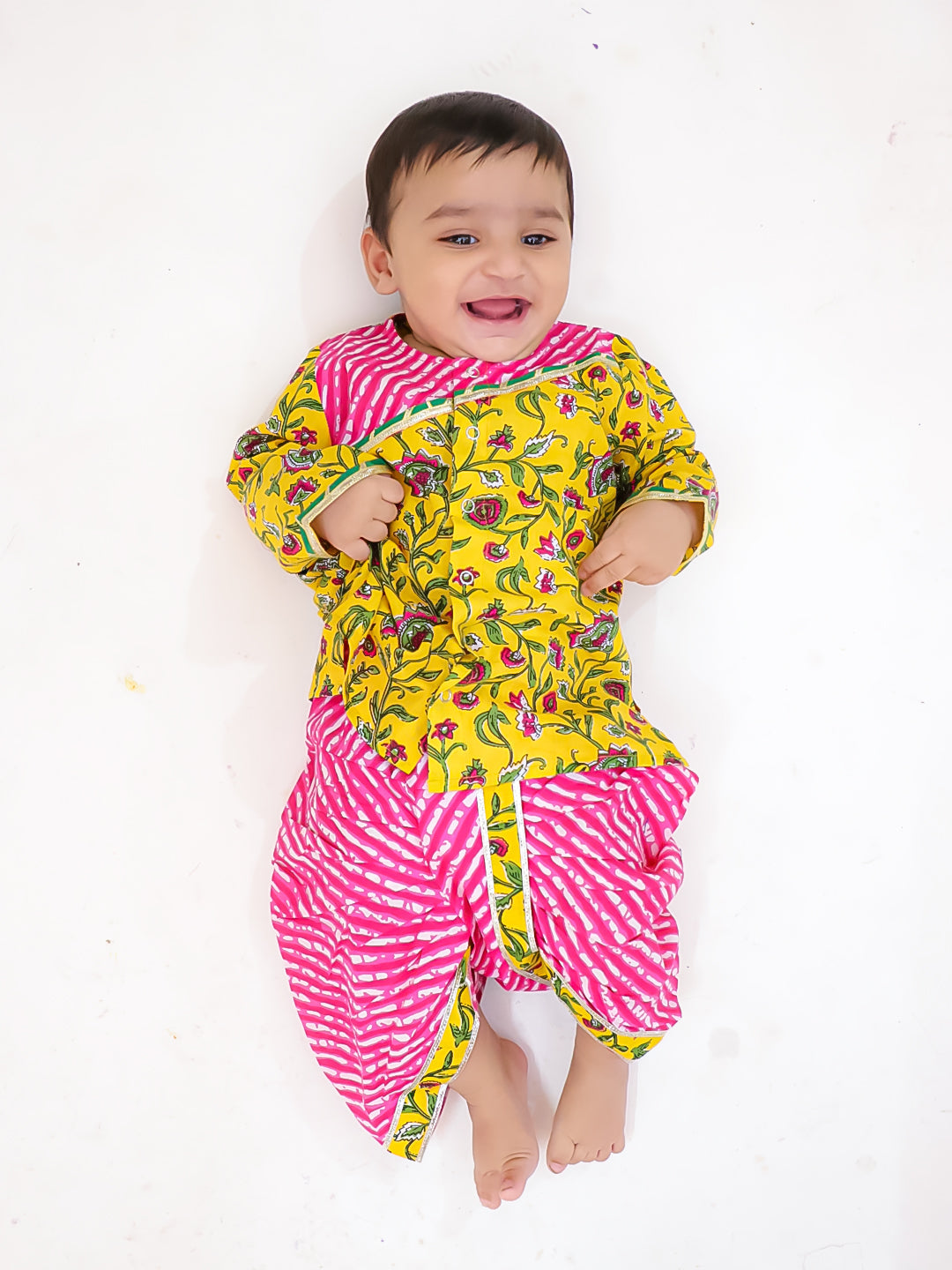 BownBee Pure Cotton Printed Lehenga Choli & Kurta Dhoti Sibling Set For Infants - Pink