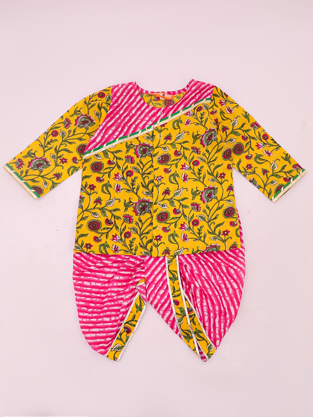 BownBee Pure Cotton Printed Lehenga Choli & Kurta Dhoti Sibling Set For Infants - Pink