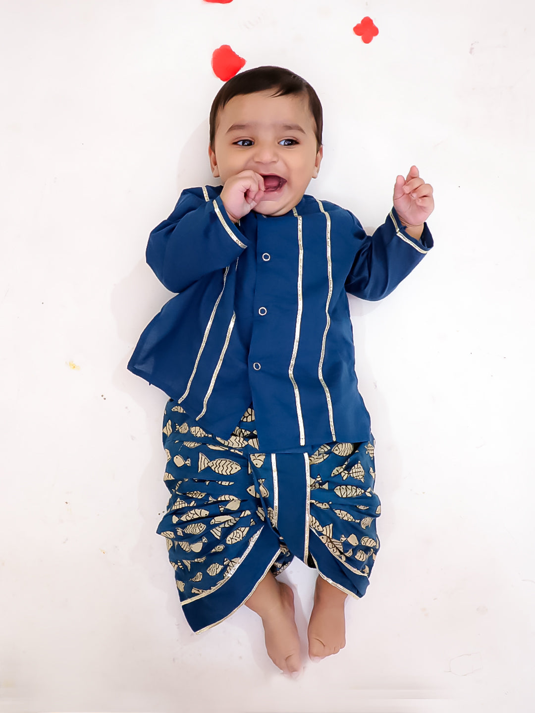 BownBee Festive Full Sleeves  Cotton Dhoti Kurta Set For Boys -Blue