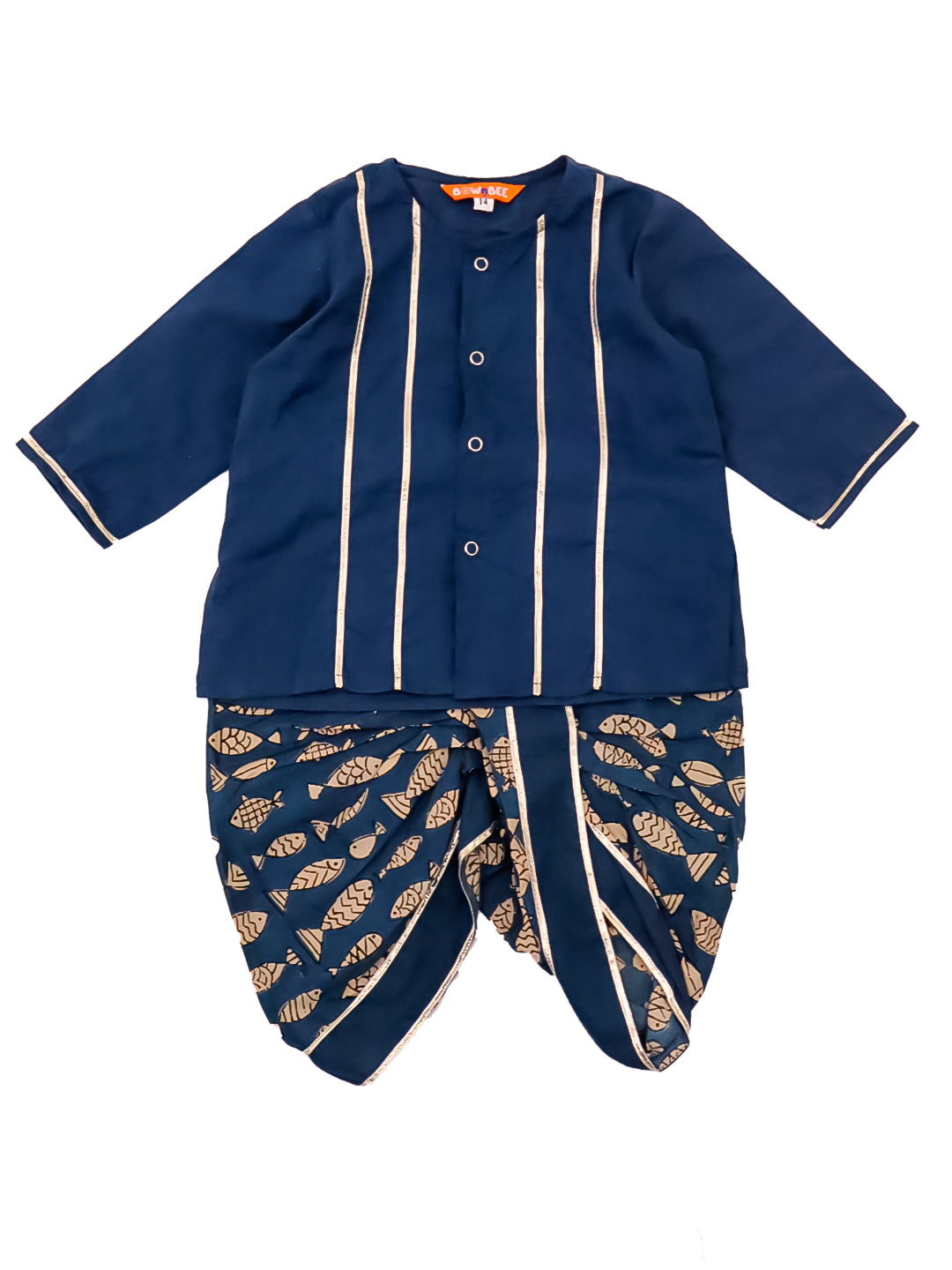 BownBee Festive Full Sleeves  Cotton Dhoti Kurta Set For Boys -Blue