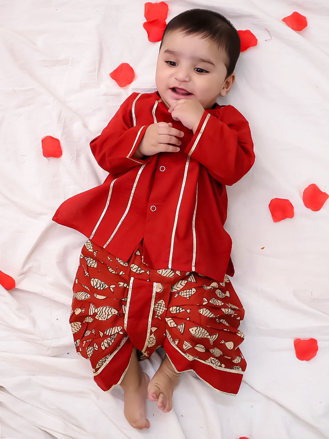 BownBee Festive Full Sleeves  Cotton Dhoti Kurta Set For Boys -Maroon