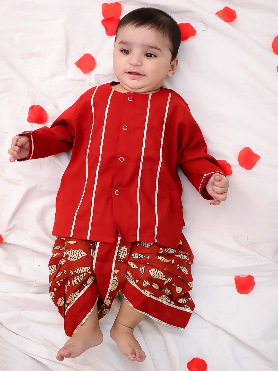 BownBee Festive Full Sleeves  Cotton Dhoti Kurta Set For Boys -Maroon