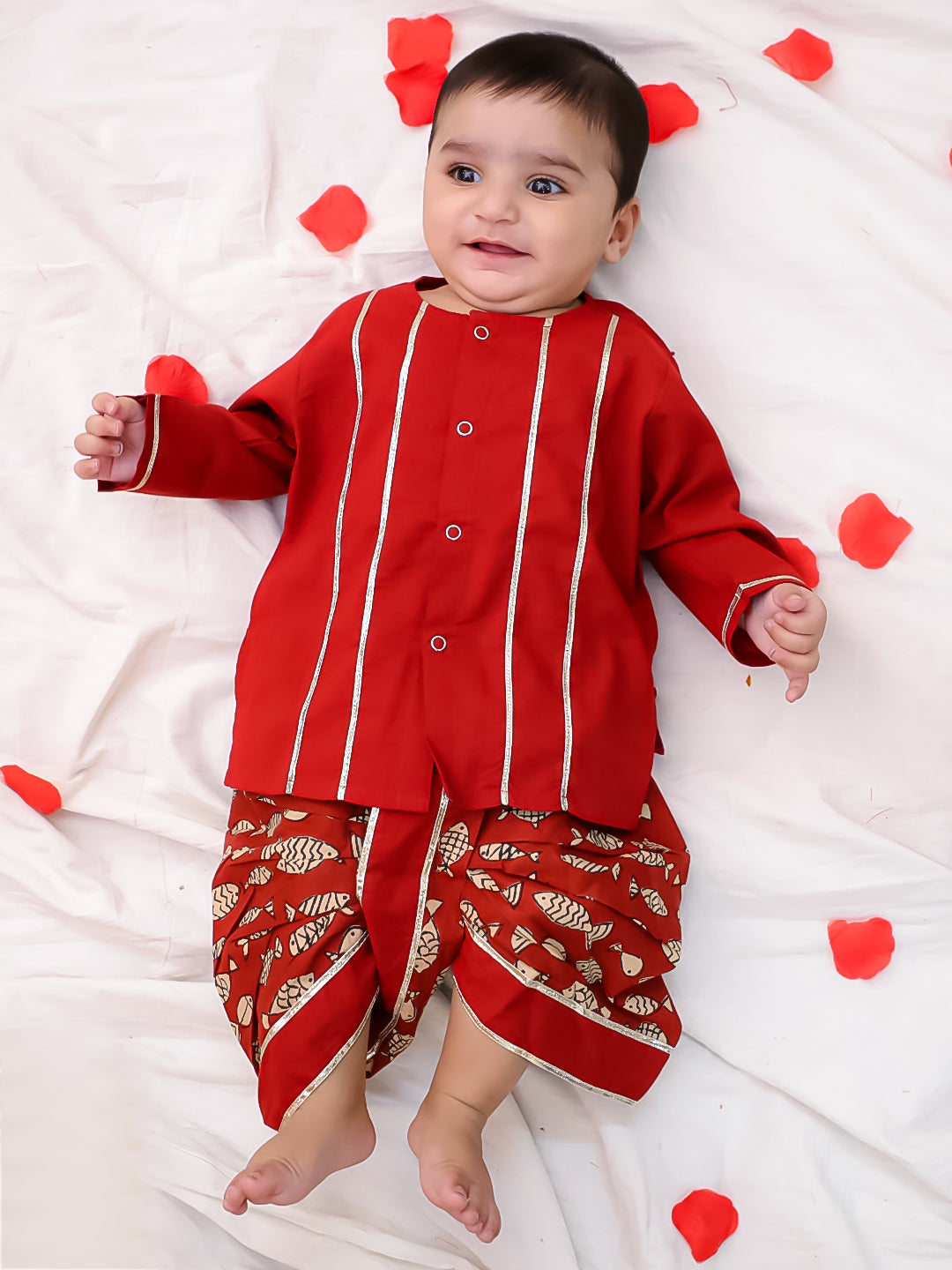 BownBee Festive Full Sleeves  Cotton Dhoti Kurta Set For Boys -Maroon