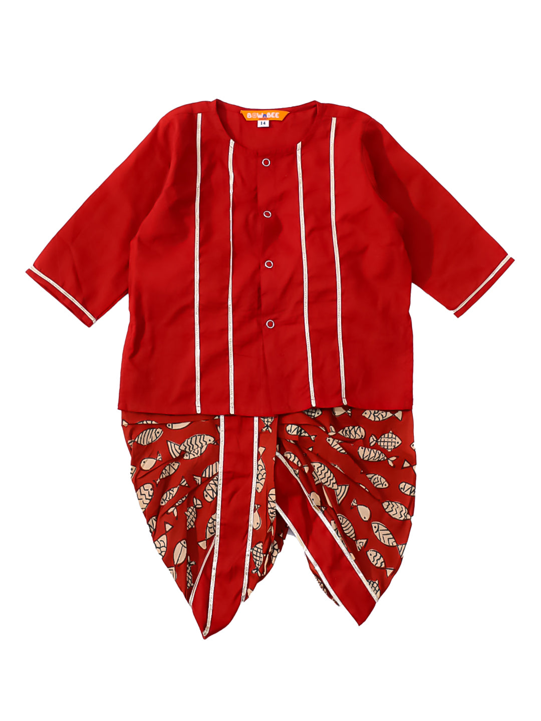 BownBee Festive Full Sleeves  Cotton Dhoti Kurta Set For Boys -Maroon