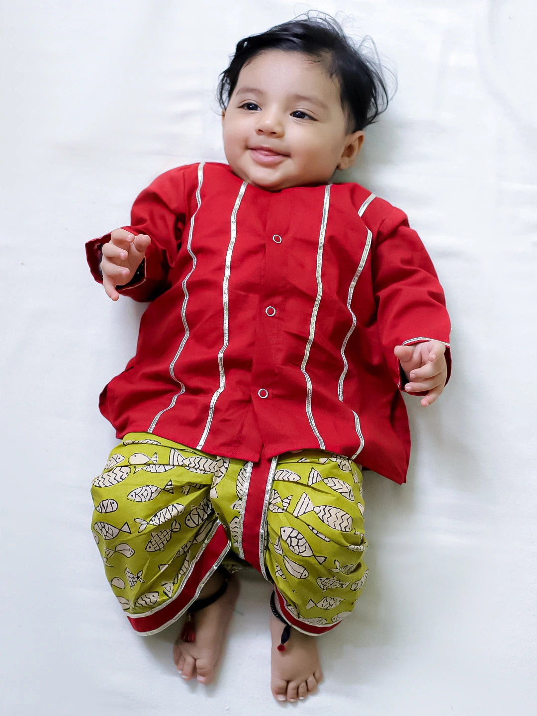 Bownbee Boys Cotton Dhoti Kurta For Infants  - Printed - Red