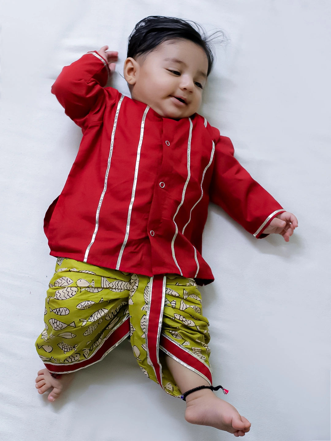 Bownbee Boys Cotton Dhoti Kurta For Infants  - Printed - Red