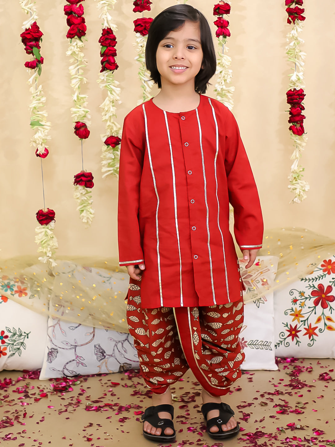 BownBee Festive Full Sleeves Cotton Dhoti Kurta Set for Boys | Traditional Indian Wear – Maroon