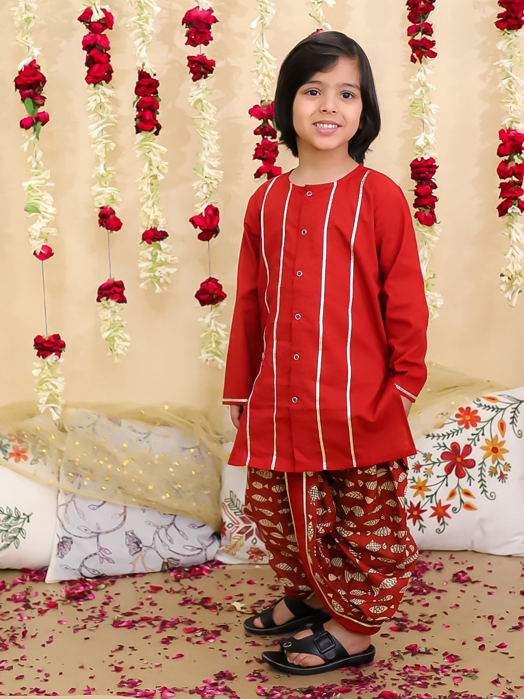 BownBee Festive Full Sleeves Cotton Dhoti Kurta Set for Boys | Traditional Indian Wear – Maroon