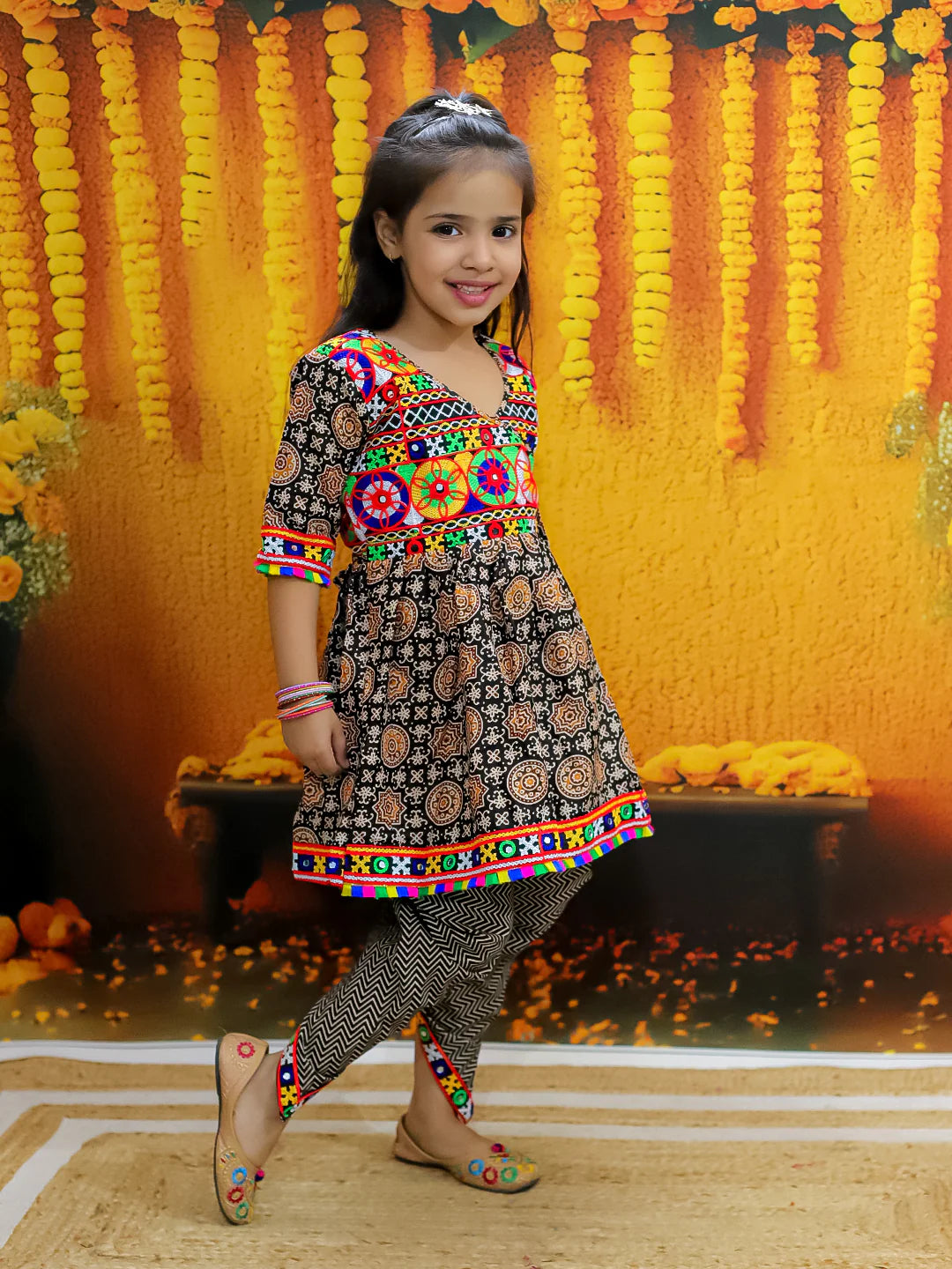 BownBee  Embroidered Printed Cotton Top with Cotton Dhoti for Girls